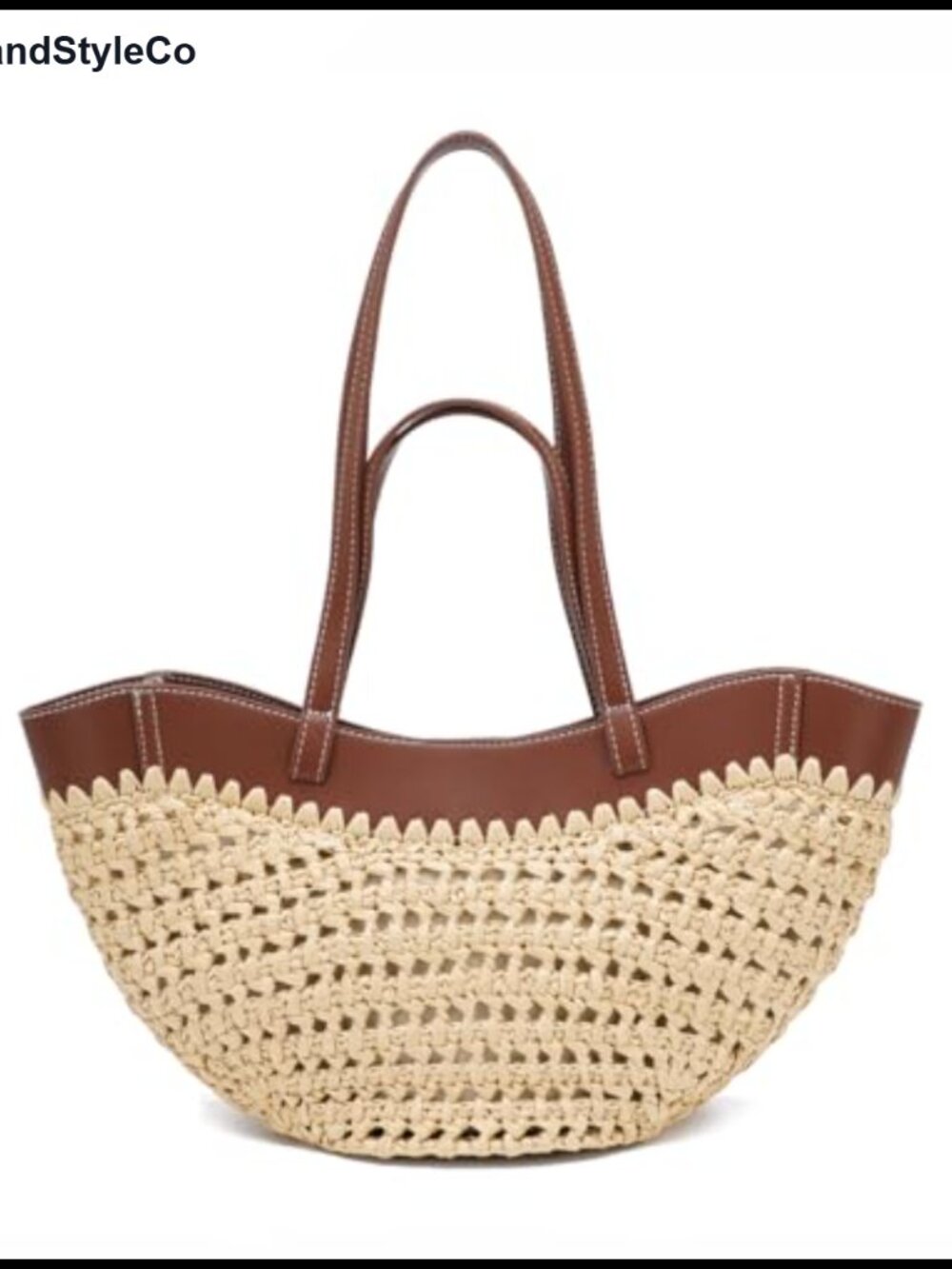 Straw Tote Bag Woven Beach Bag with Leather Trim Double Straps Handmade Mesh